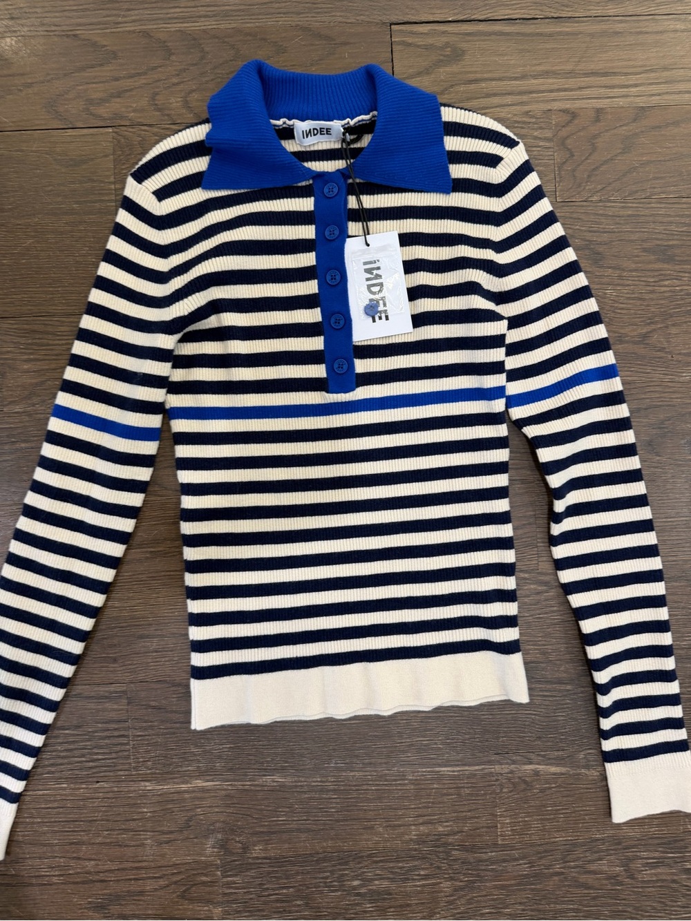 Girls' Striped Rib-Knit Polo Sweater in Cream & Blue